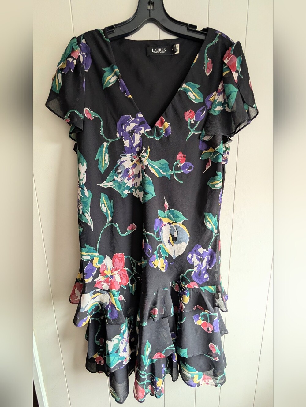 LAUREN Ralph Lauren Black Floral V-Neck Ruffle Sleeve And Hem Dress, Sz. 6